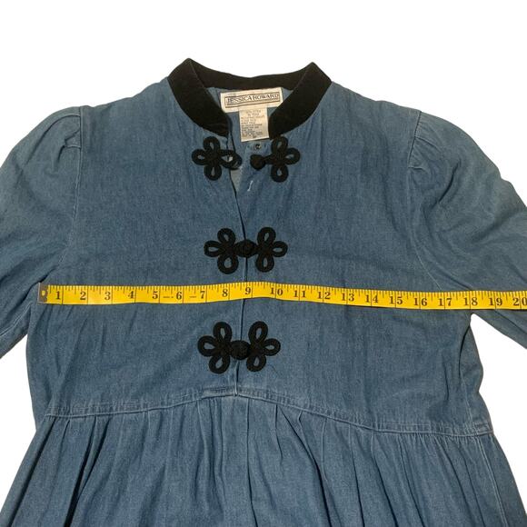 JESSICA HOWARD Size 10 Dress Long Denim Velvet Collar Black Frog Closure Modest - Picture 3 of 7